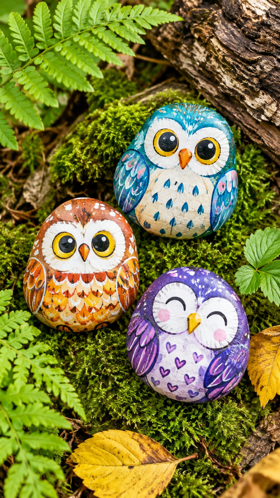 A painted rock featuring a plump autumn owl in russet, amber, and cream surrounded by acorns and copper-colored leaves.