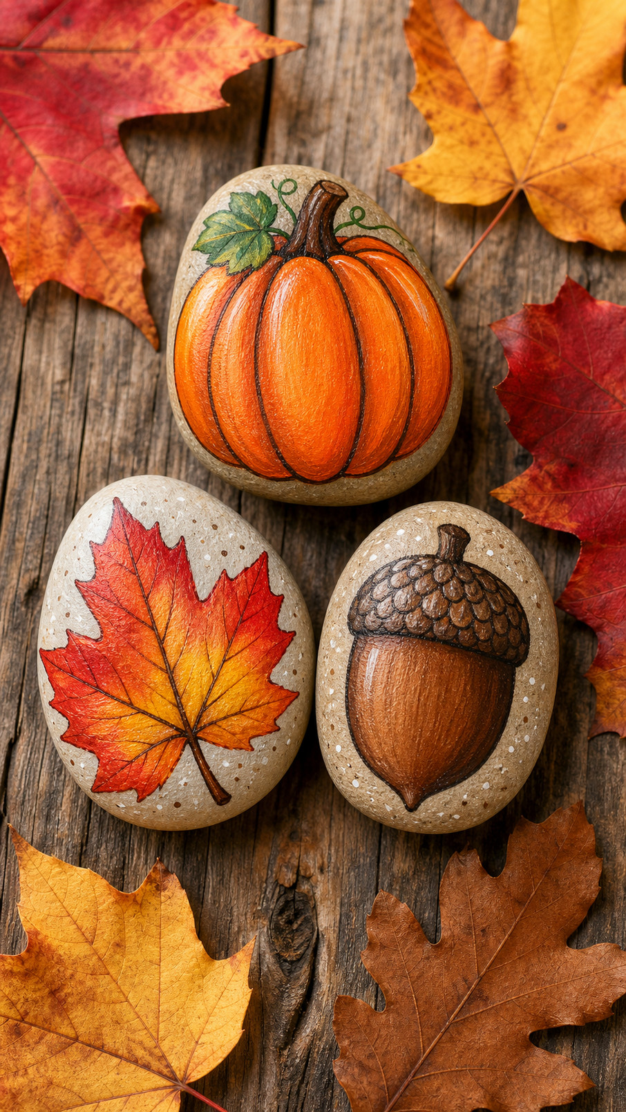 A painted rock featuring a colorful autumn tree with orange, yellow, and red leaves on an earthy background.