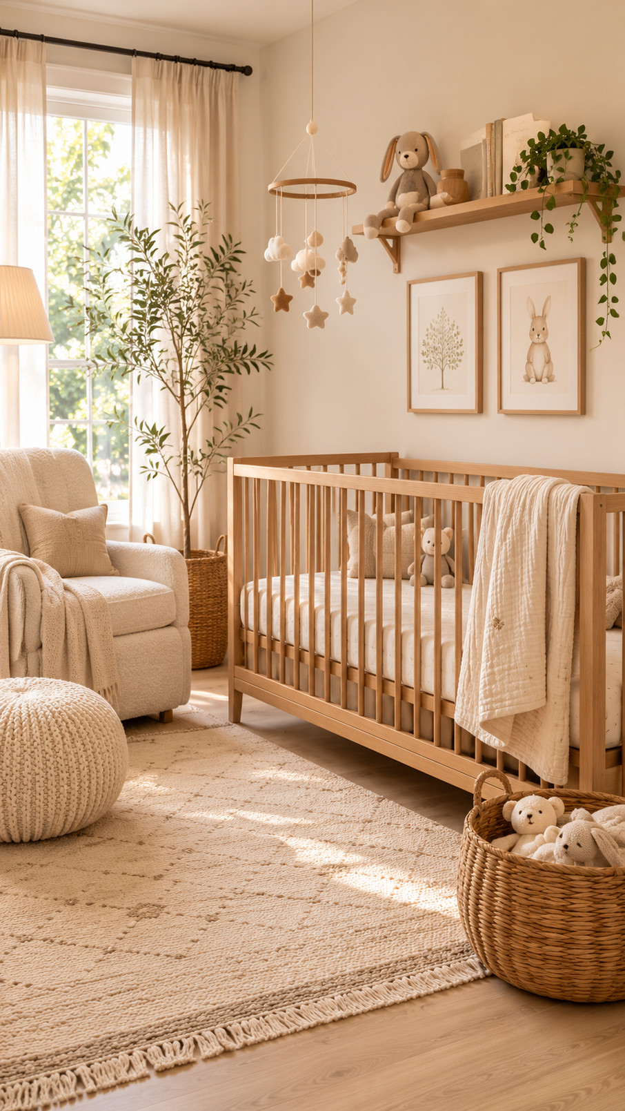 Framed beige wall art with soft neutral colors decorates a cozy nursery wall above a crib.