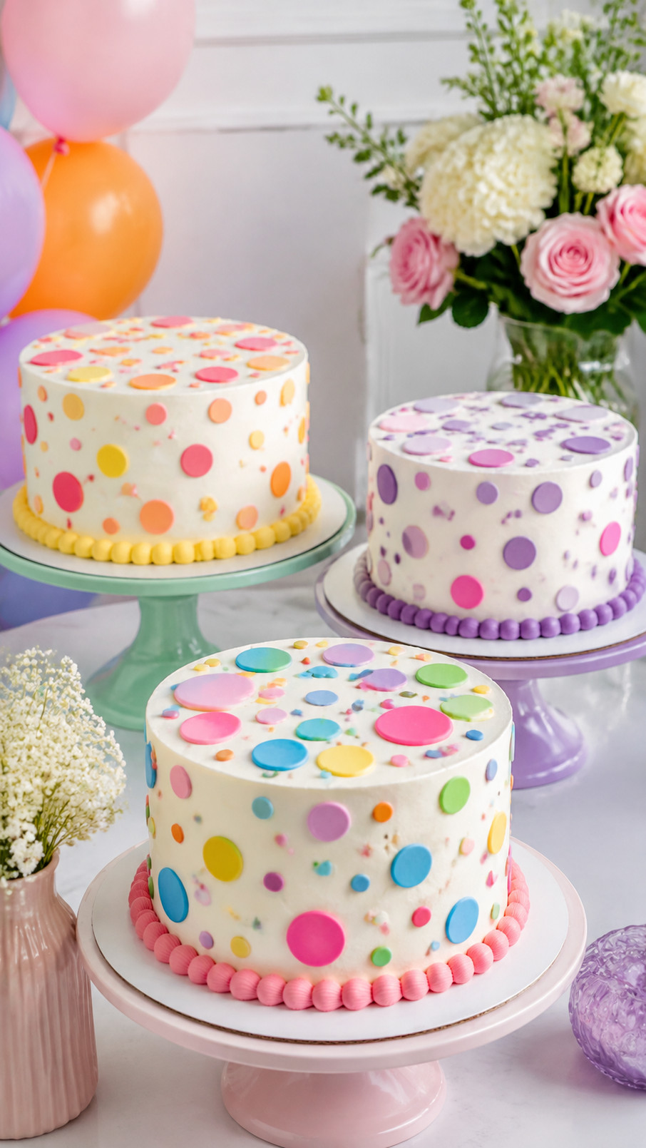 A white polka dot cake decorated with raspberry, blueberry, and cherry-colored dots on a festive dessert table.