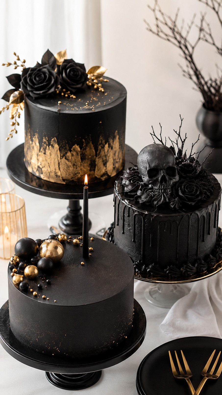 A black geode cake with glossy dark fondant and sparkling purple, gold, and silver sugar crystals decorating the exposed geode design.
