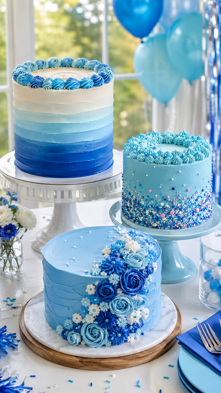 A blue balloon cake with smooth sky-blue frosting and glossy fondant balloons decorated for a cheerful celebration.
