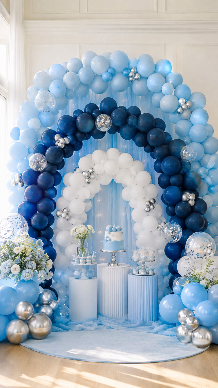 Blueberry, cobalt, and powder-blue balloon arch decorated with lavender blooms and trailing ivy in a garden setting.