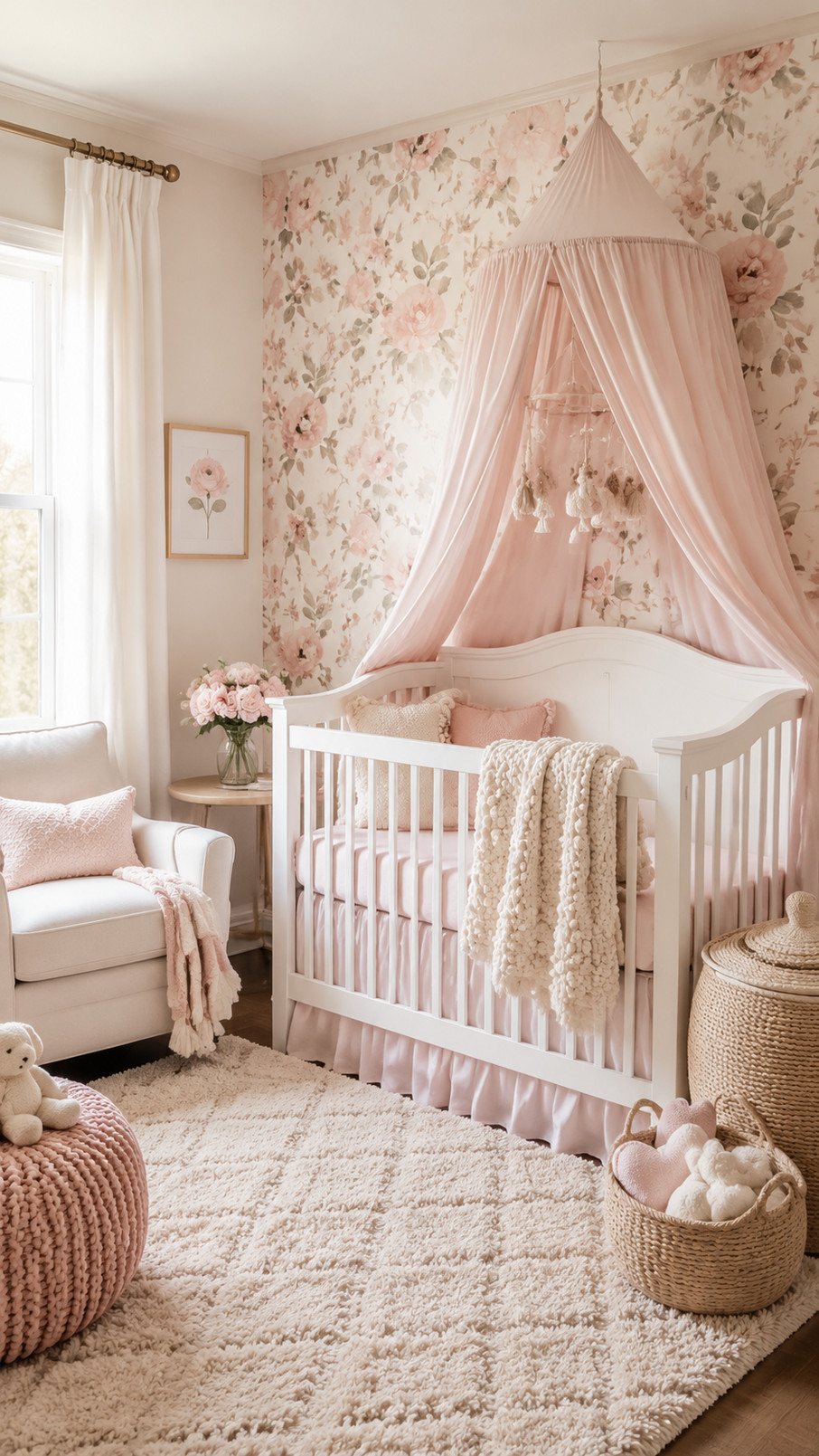 A blush pink canopy surrounds a white crib in a dreamy girls' nursery with plush toys, floral accents, and soft natural light.