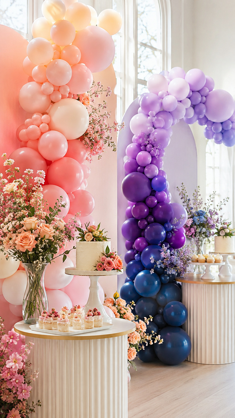 A blush pink and champagne ombre balloon arch creates an elegant decorative backdrop for a wedding or celebration.