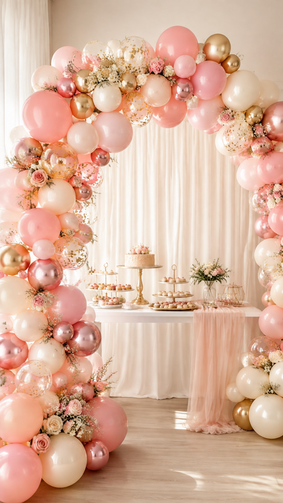 A bridal shower balloon arch decorated with blush satin bows, blush balloons, and champagne balloons creates an elegant romantic backdrop.