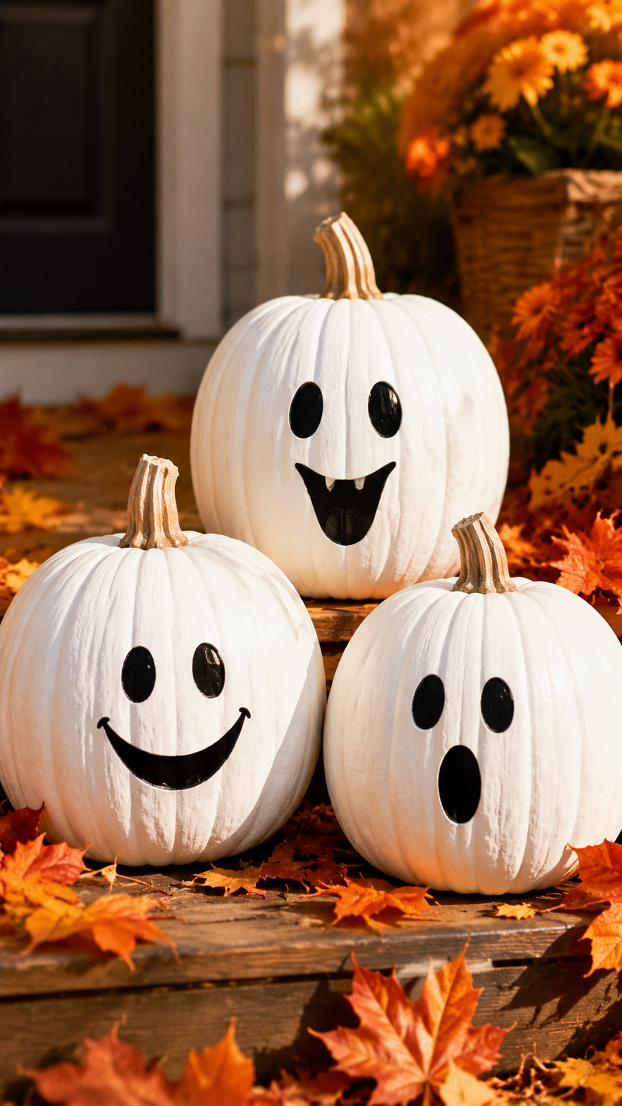 White painted ghost pumpkin with rosy cheeks, a colorful balloon, and playful Halloween decorations.