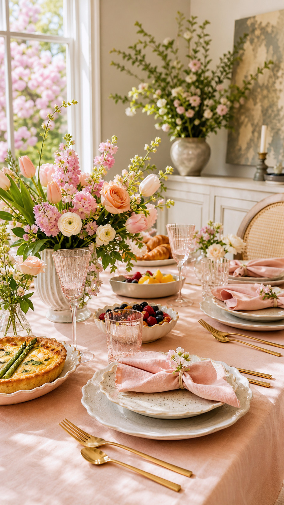 Botanical place cards with delicate greenery and tiny blossoms decorate an elegant Mother's Day brunch table.