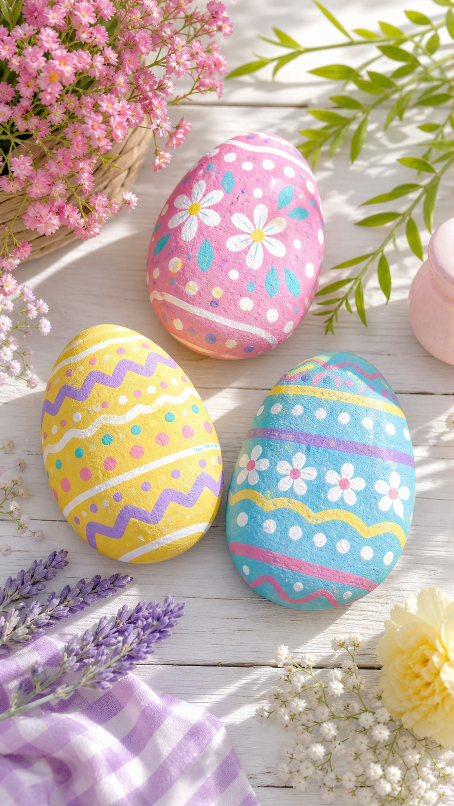 Pastel painted Easter egg rocks decorated with white bunny silhouettes, upright ears, and fluffy tails.