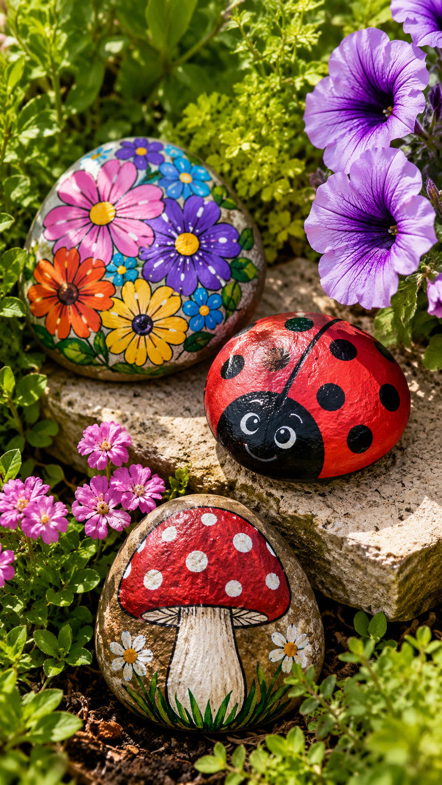 A collection of cactus-painted rocks in green, tan, and colorful flower details arranged in a sunny garden planter.