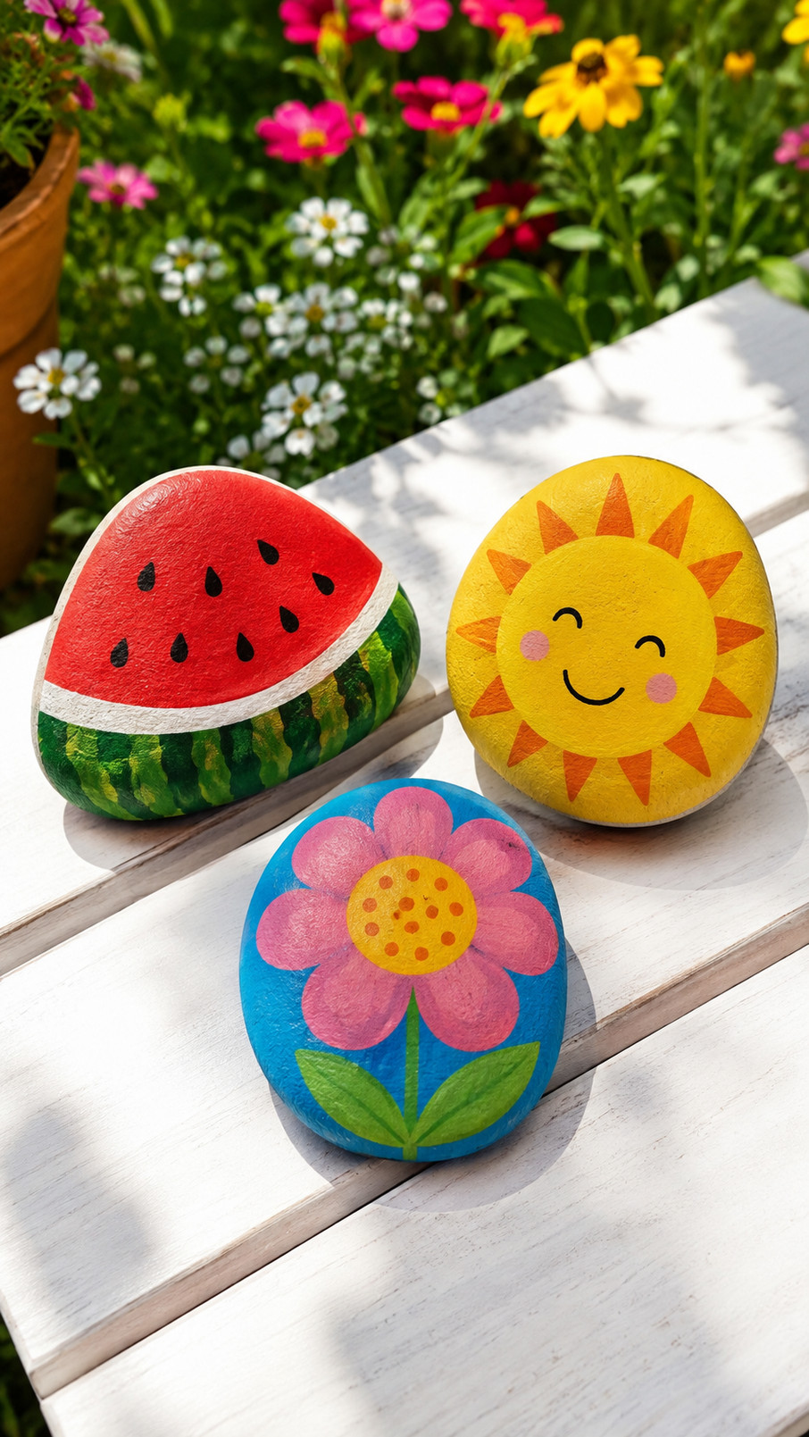 A photo of cactus garden painted rocks featuring green cactus shapes, pink flowers, and sandy yellow accents on a sunny summer display.