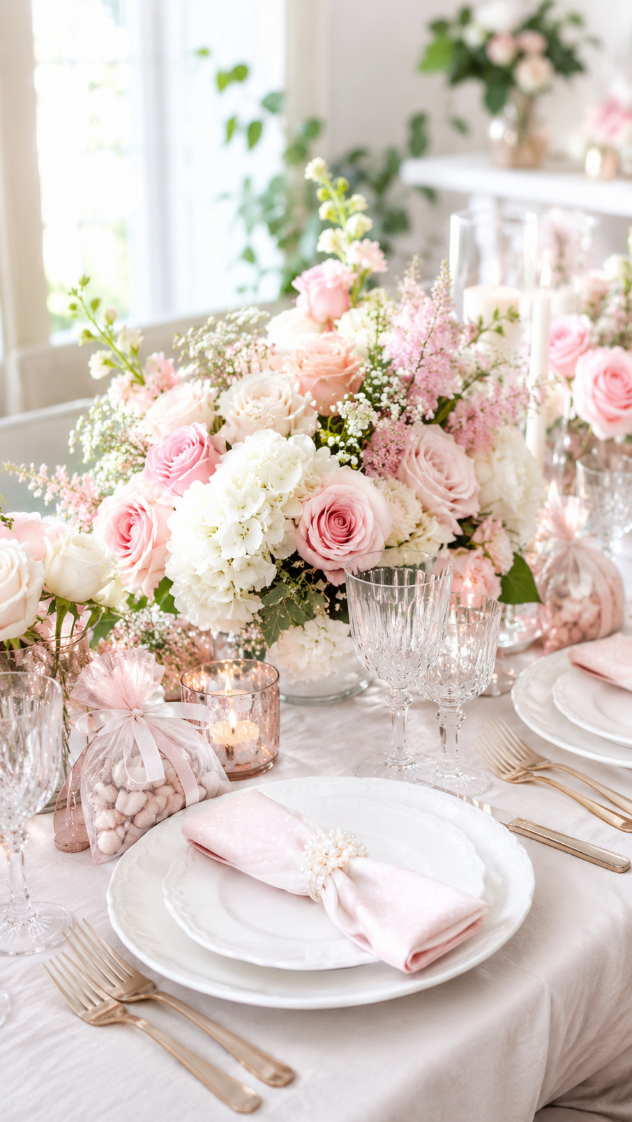 A bridal shower table featuring candlelit bud vases filled with blush flowers, ivory candles, and delicate glass accents.