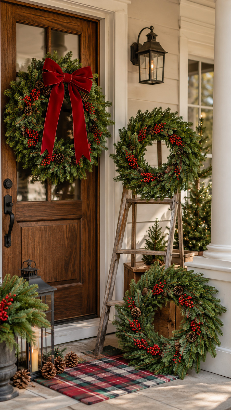 Christmas front door wreath decorated with glossy cranberries, evergreen sprigs, and warm white lights.