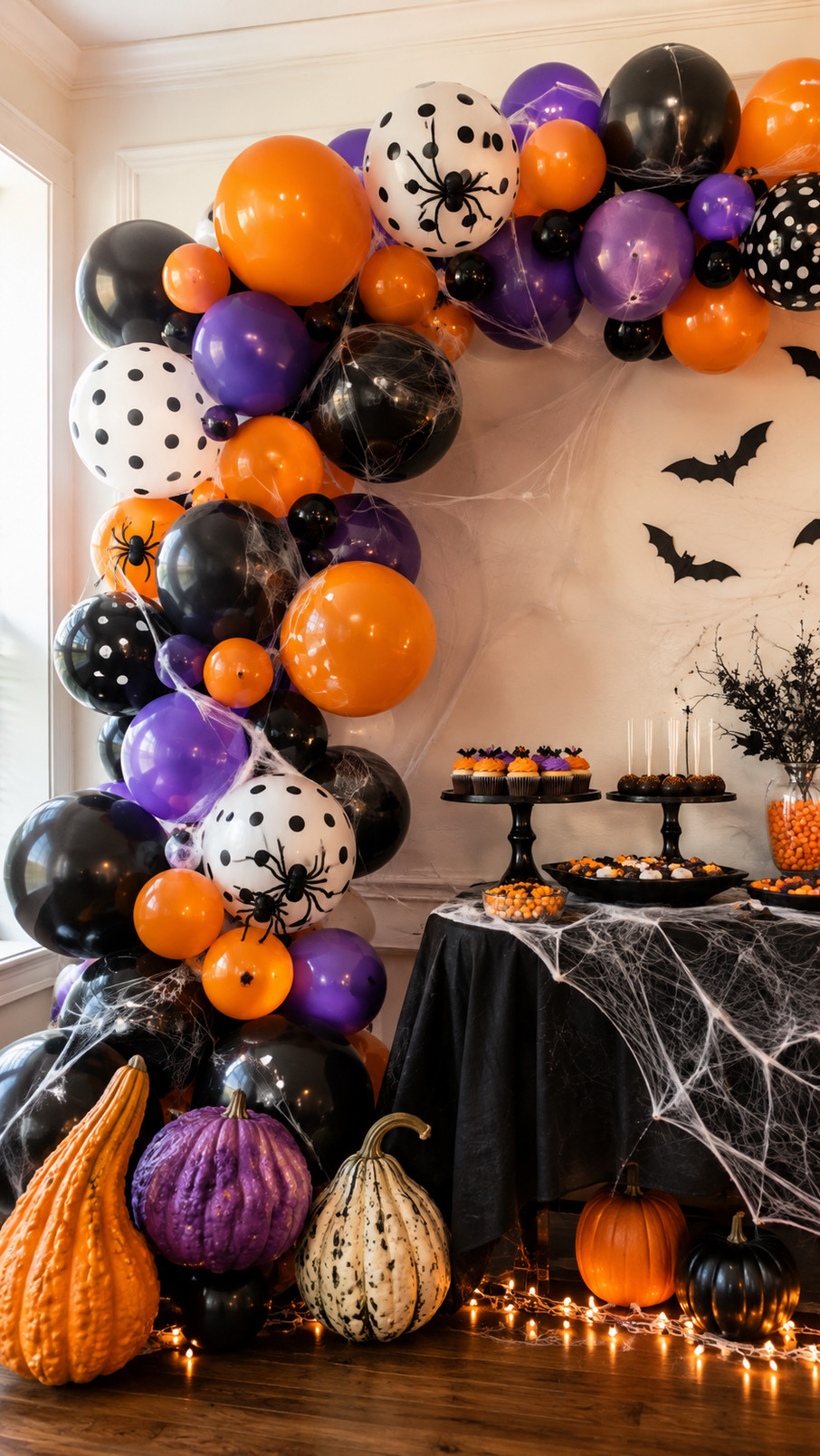A Halloween balloon arch decorated with orange, yellow, and white candy corn balloons.