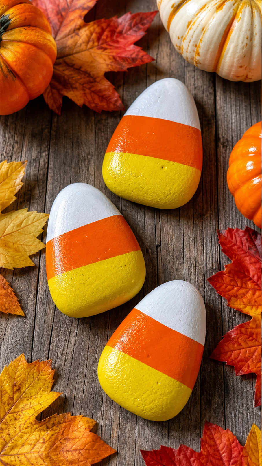A candy corn scarecrow painted rock with yellow, orange, and white stripes, a smiling face, and cozy autumn details.