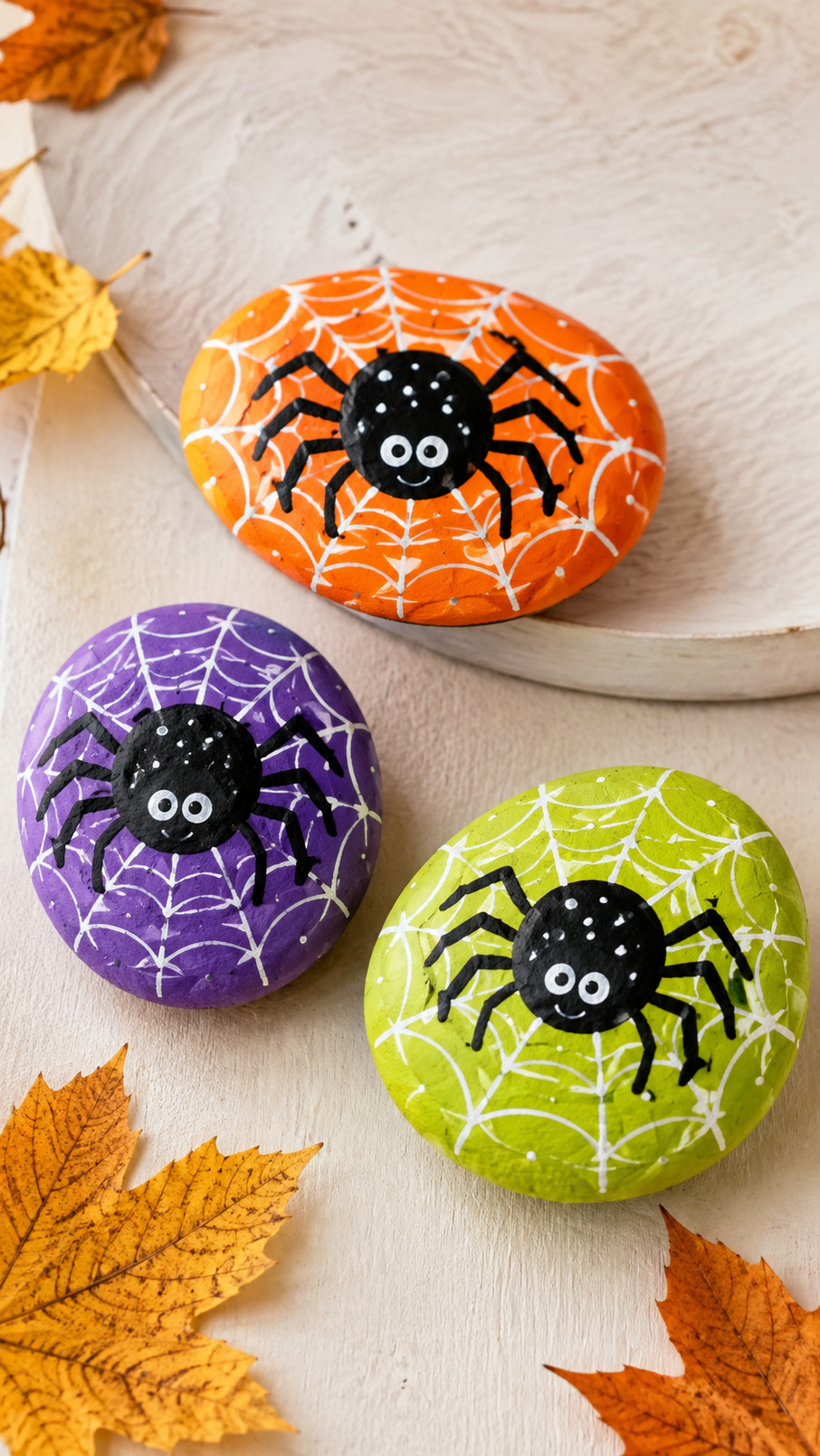 A painted rock featuring a cheerful spider with candy-corn stripes in white, yellow, and orange.