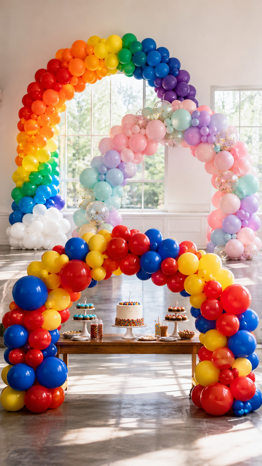 A colorful Candyland balloon arch with pink, mint, lavender, and yellow balloons creates a whimsical birthday party backdrop.