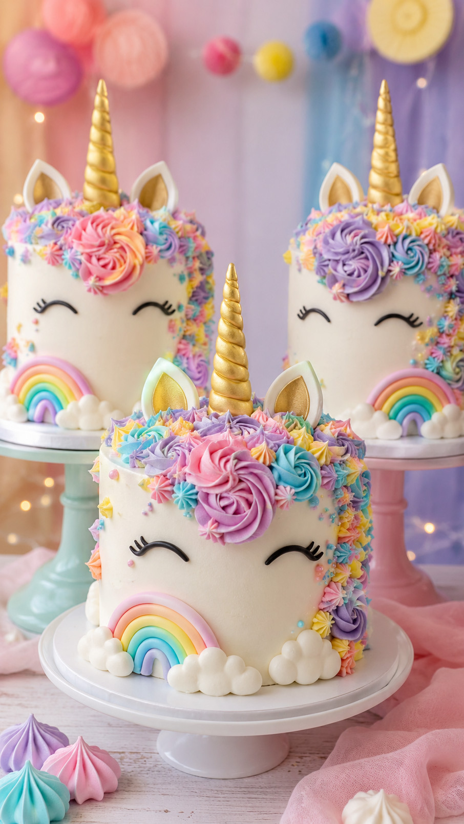 Unicorn cake with deep blue and lavender frosting, star sprinkles, silver sugar pearls, golden horn, and rainbow mane.