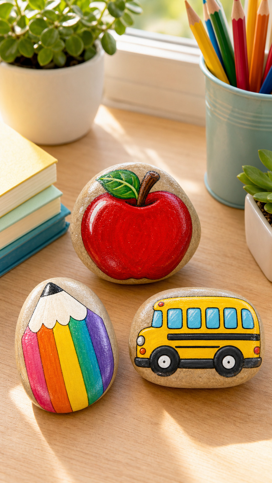 Chalkboard-style painted rock with white lettering and colorful school doodles on a black background.
