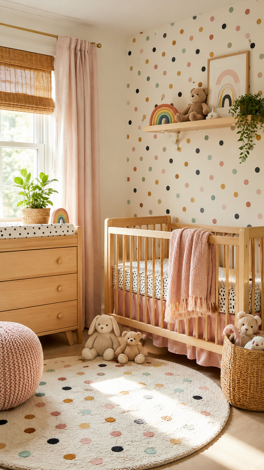 A cheerful polka dot rug with colorful spots rests on the floor of a bright nursery.