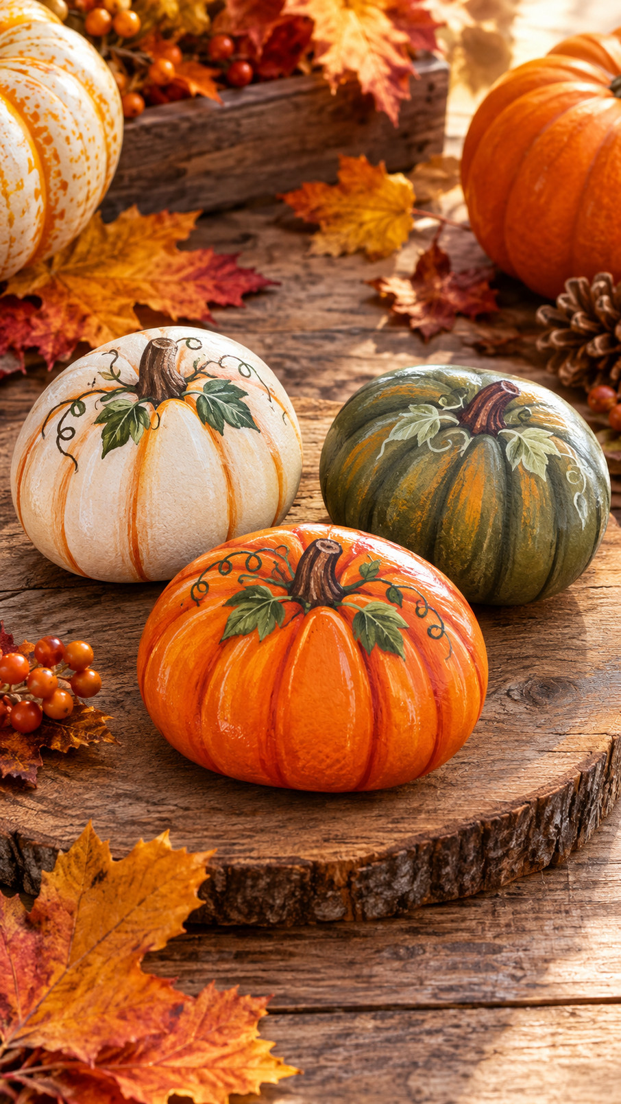 A painted pumpkin rock featuring cinnamon, terracotta, and muted sage colors with a softly speckled finish.