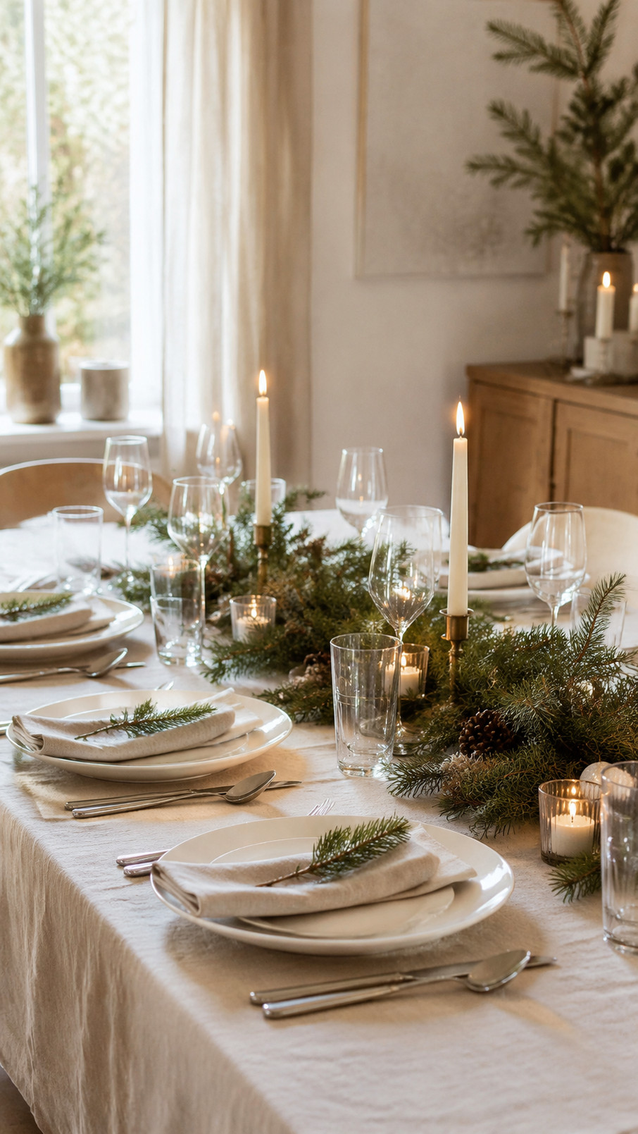 Cinnamon stick place cards arranged on ivory napkins at a minimalist Christmas table with greenery.