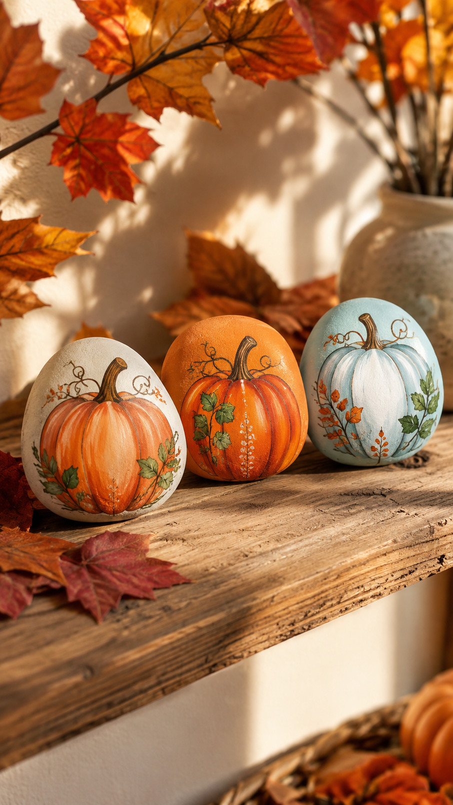 A cinnamon swirl pumpkin rock painted in orange and brown sits among autumn leaves, pinecones, and candles.
