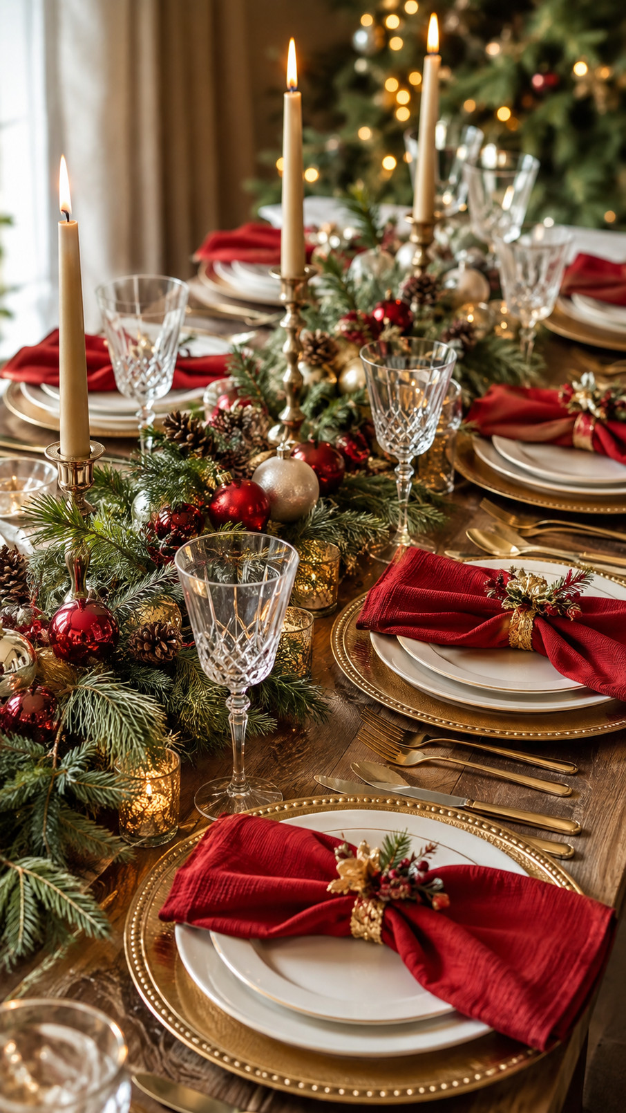 Christmas tablescape with sliced oranges, cloves, cinnamon sticks, evergreen sprigs, creamy linens, and warm wood accents.