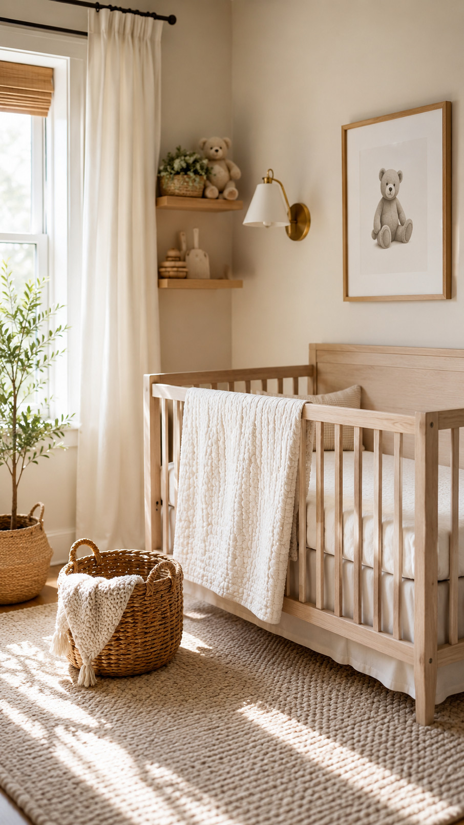 A cloud-shaped pendant light glows above a minimalist crib in a serene nursery with pale walls, warm wood, and plush textures.