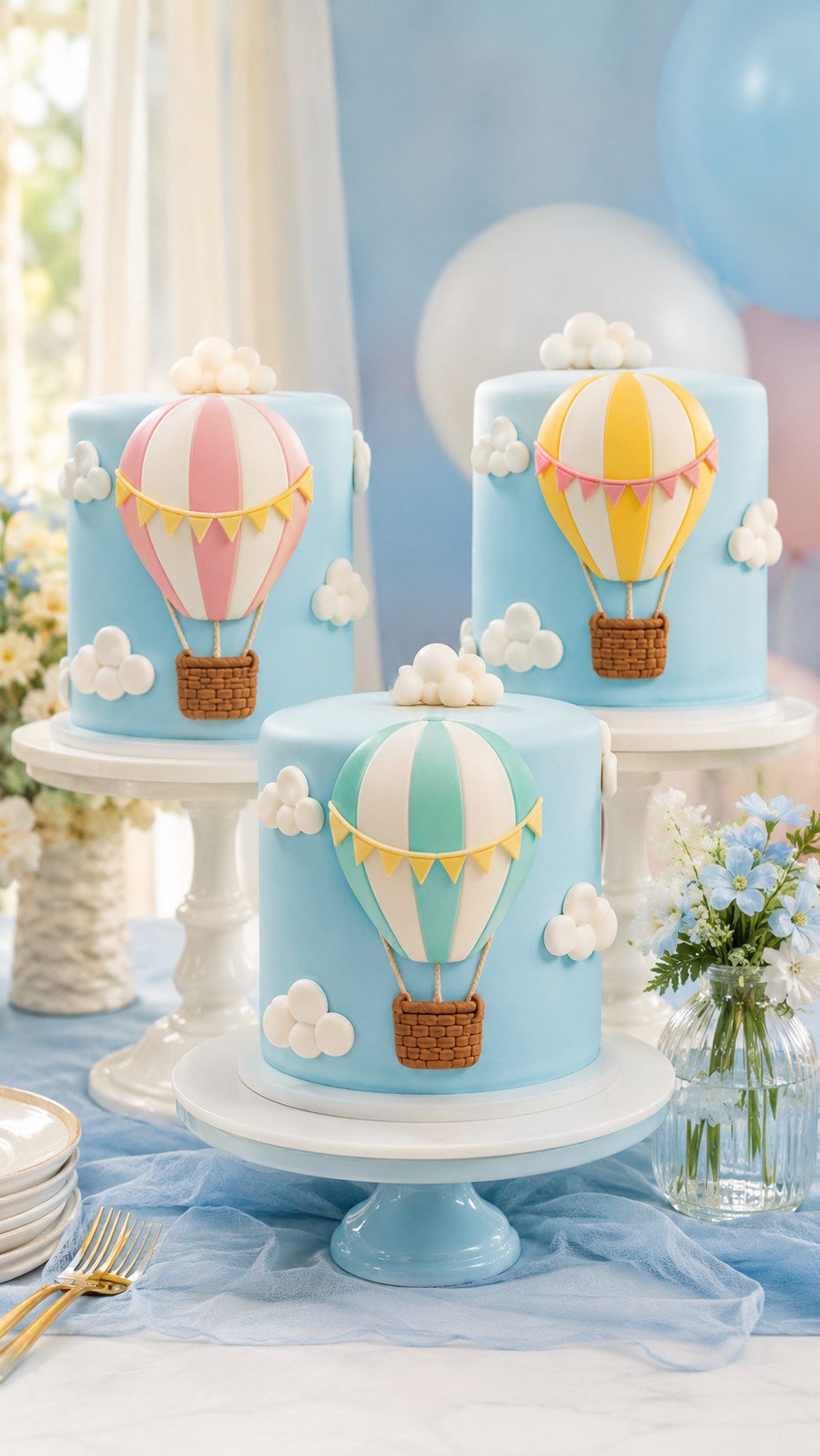 A hot air balloon cake with colorful balloon decorations and fluffy white fondant clouds against soft blue frosting.