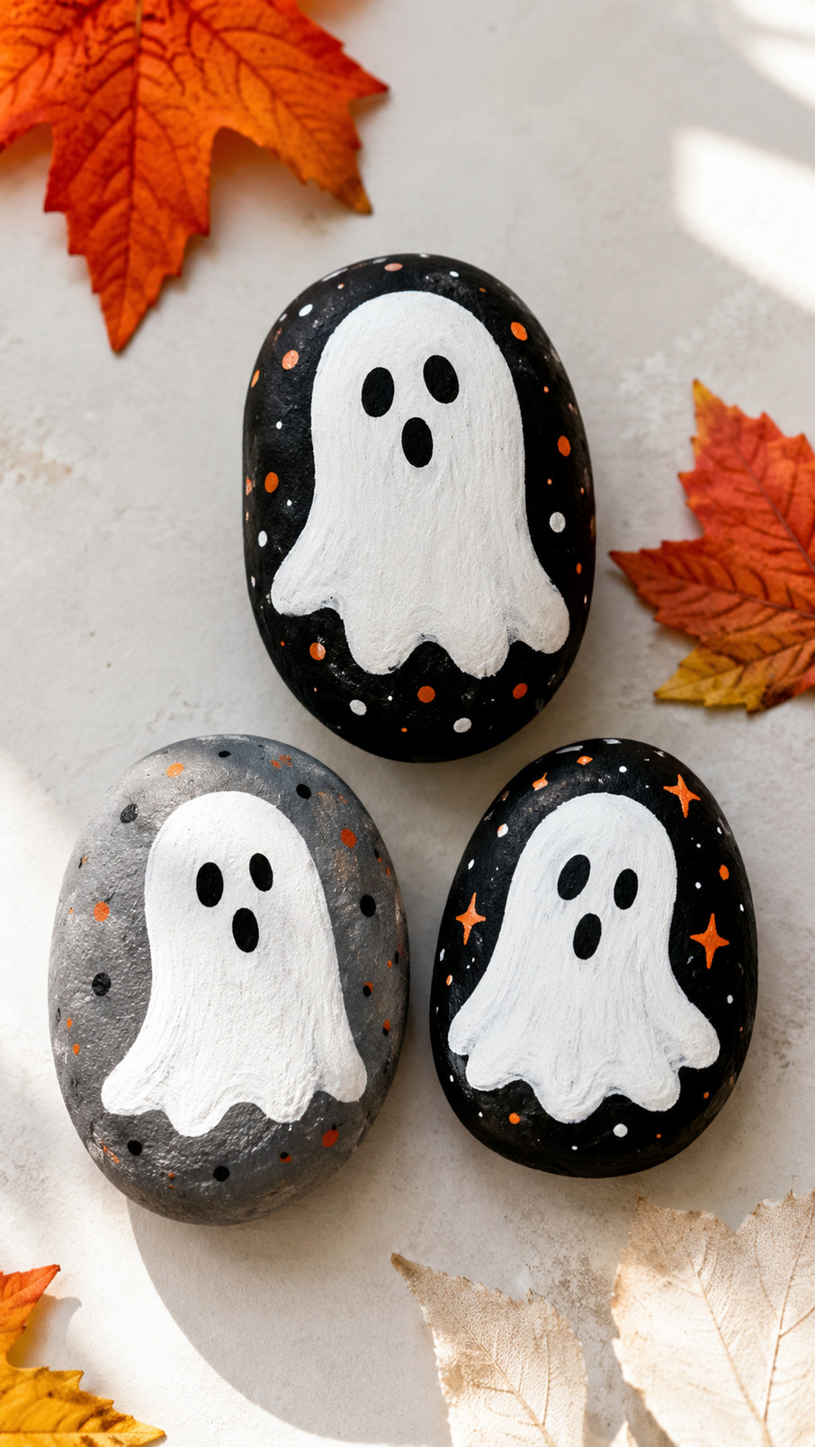 A group of white painted ghost rocks with colorful confetti dots arranged as a cheerful Halloween decoration.