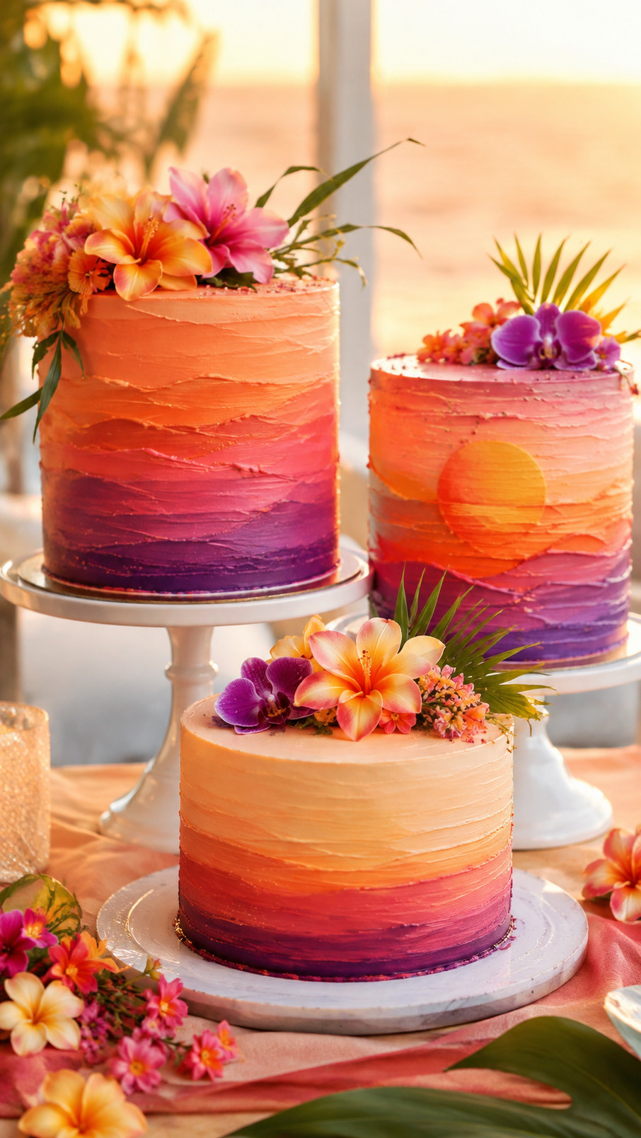 A coral horizon sunset cake with orange, blush, and gold ombre layers, sugar stars, and a smooth gradient design.