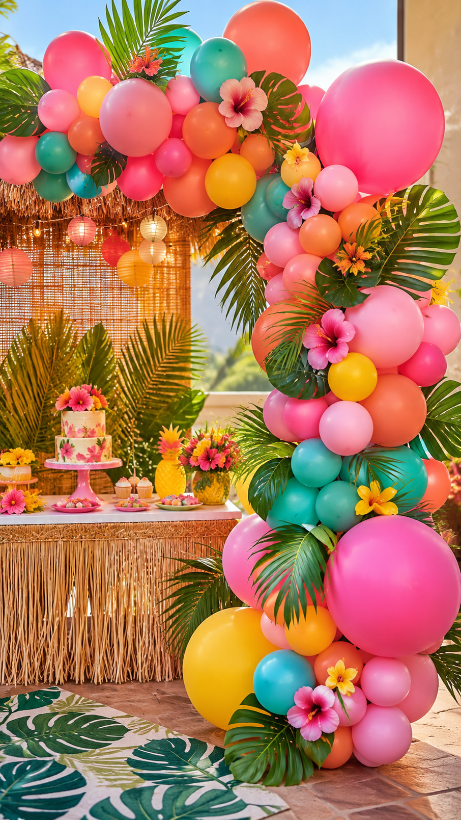 Colorful coral, turquoise, peach, and yellow luau balloon arch with hibiscus flowers and palm fronds for a tropical birthday party.