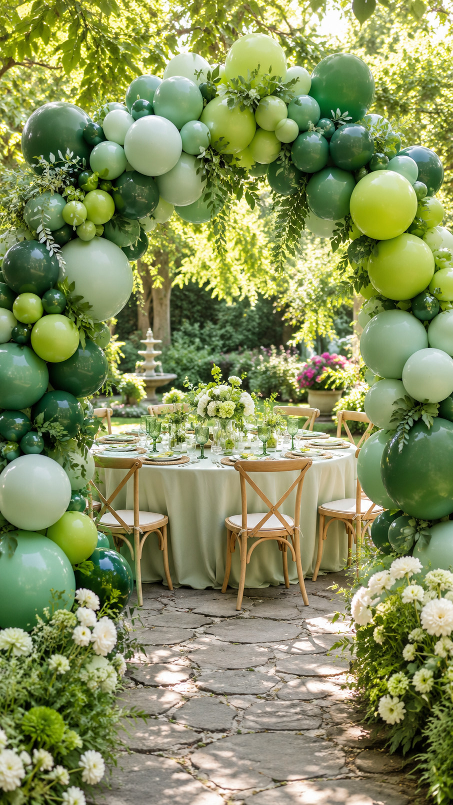 A cottage garden-themed green balloon arch with sage, mint, and leafy balloons, white flowers, and winding vines framing an outdoor celebration.
