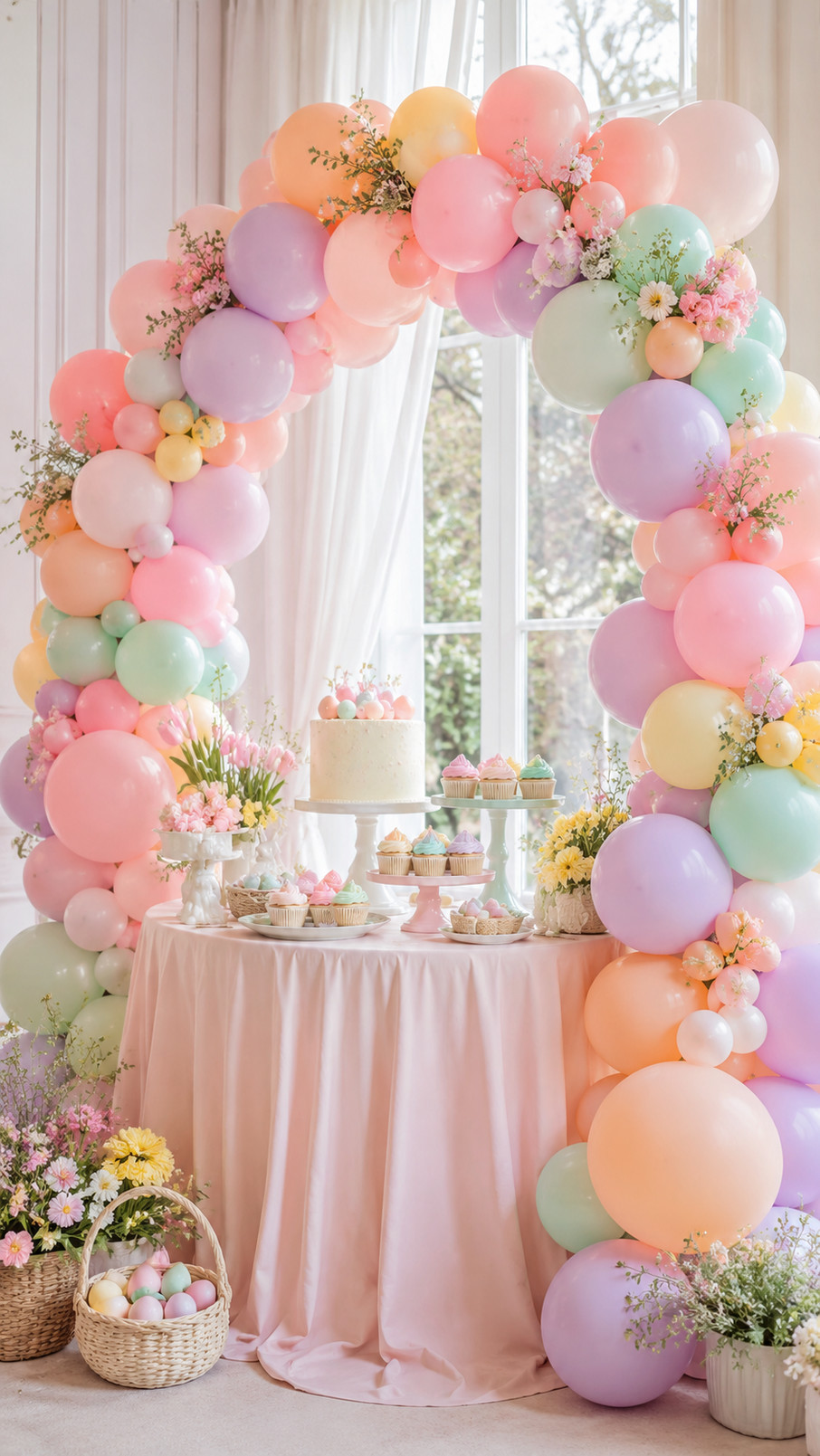 Cotton candy pastel balloon arch with blush pink, powder blue, and creamy white balloons decorating a spring or Easter party.