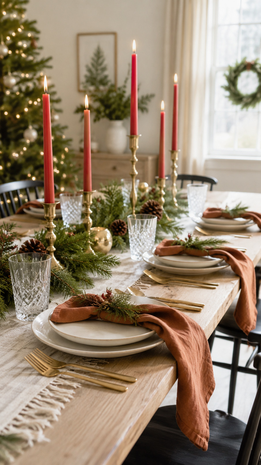 A Christmas tablescape with a cranberry table runner, glowing taper candles, cream plates, evergreen sprigs, and clear glassware.
