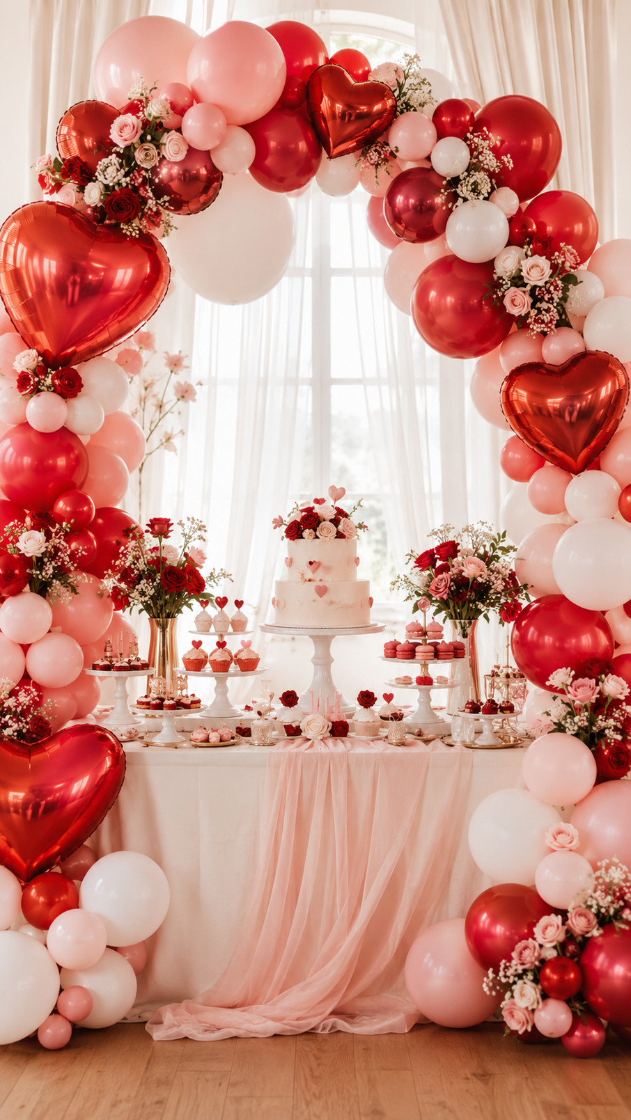 A red balloon arch decorated with glossy crimson satin ribbons creates an elegant romantic backdrop for a Valentine's Day celebration or wedding.