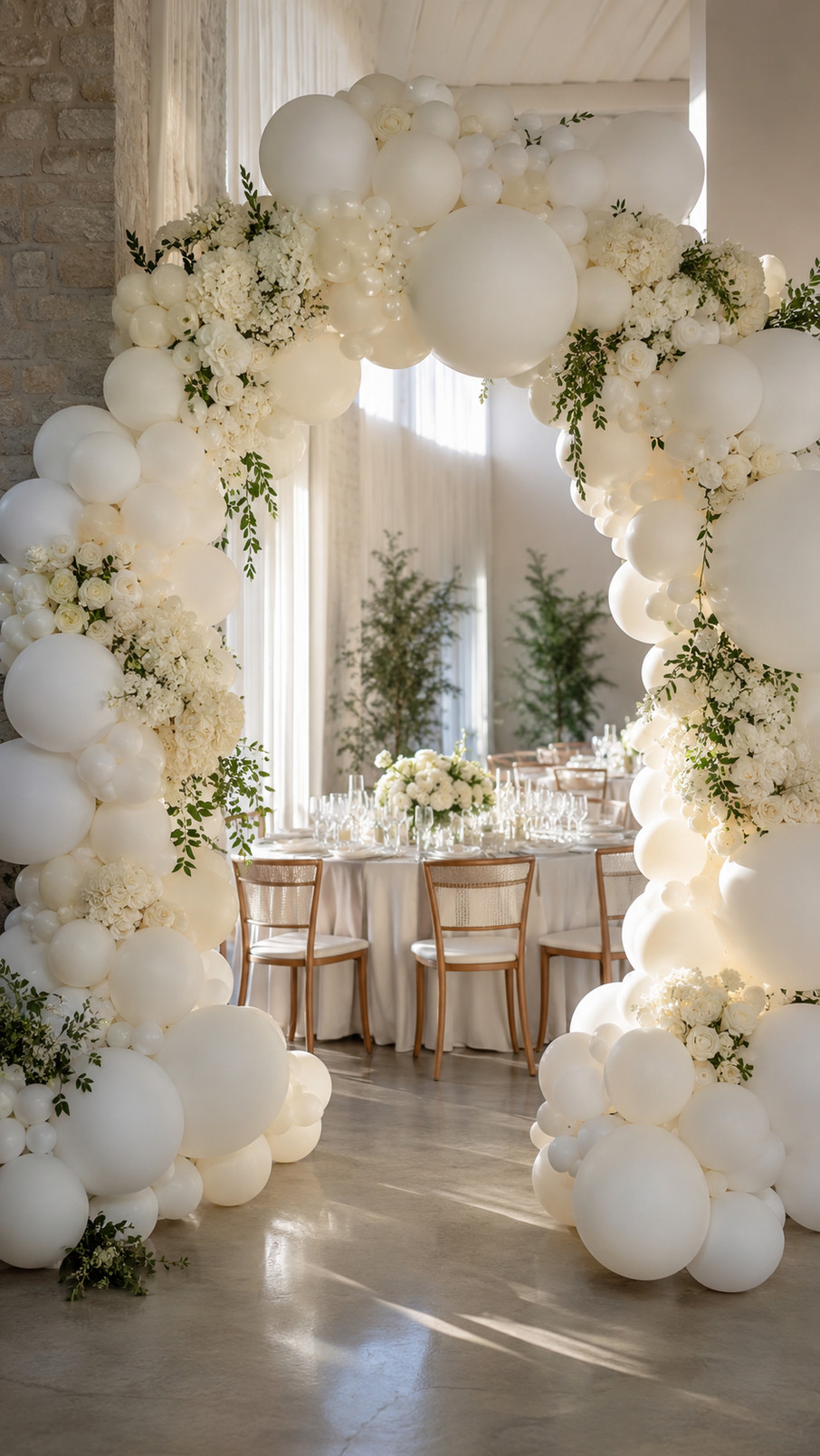 A white balloon arch decorated with sparkling crystal bead strands creates an elegant backdrop for a wedding or modern party.