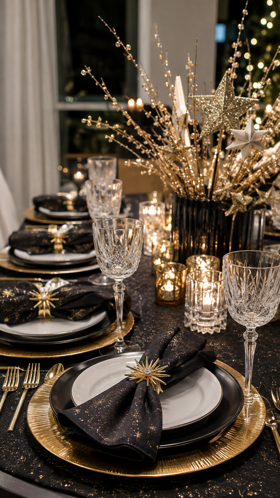 Elegant New Year’s Eve tablescape with crystal starburst accents, black-and-white place settings, silver flatware, candlelight, and champagne coupes.