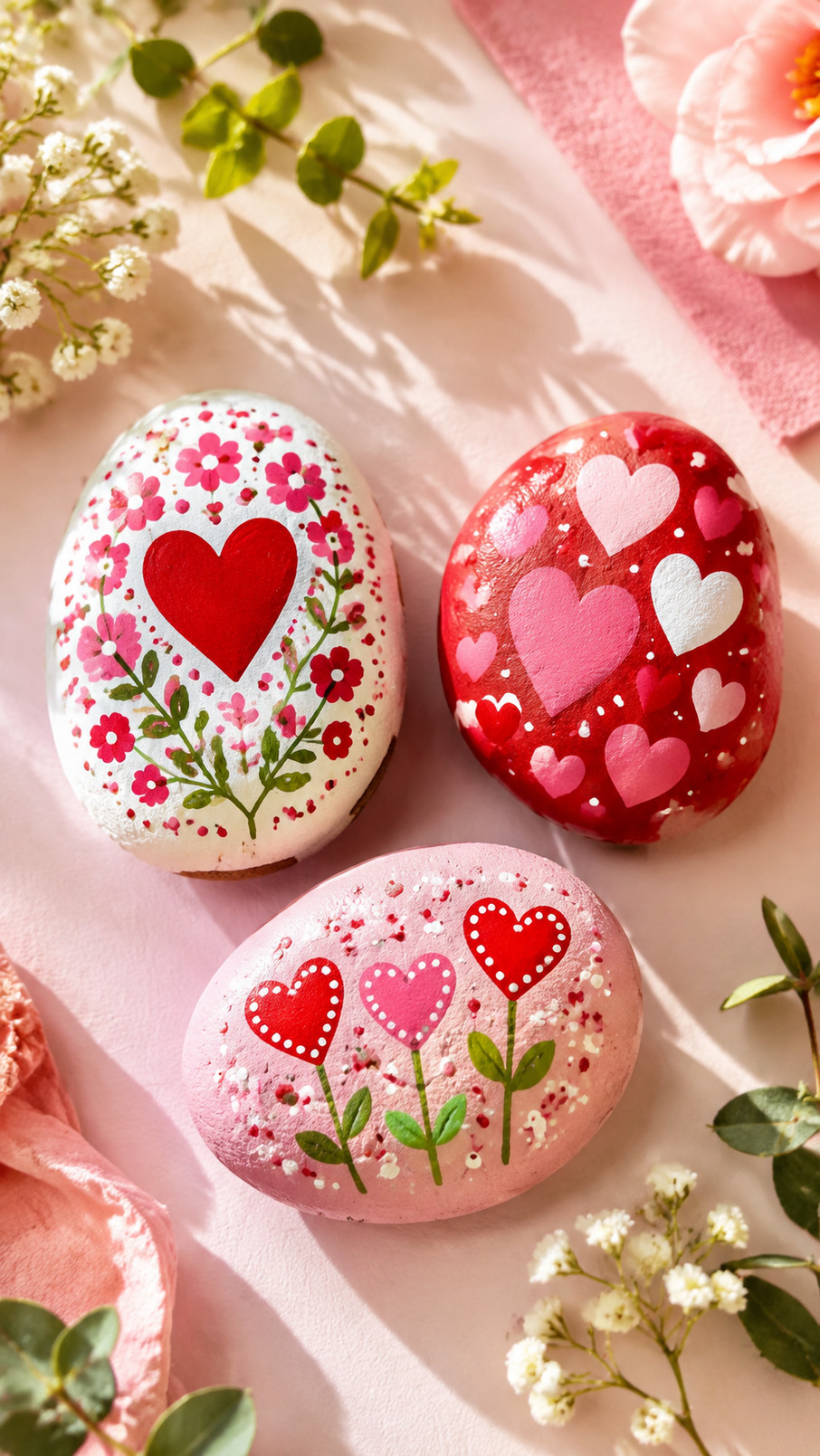 Photo of a smooth white painted rock with a rosy pink heart, bright red arrow, and tiny golden stars for Valentine’s Day.
