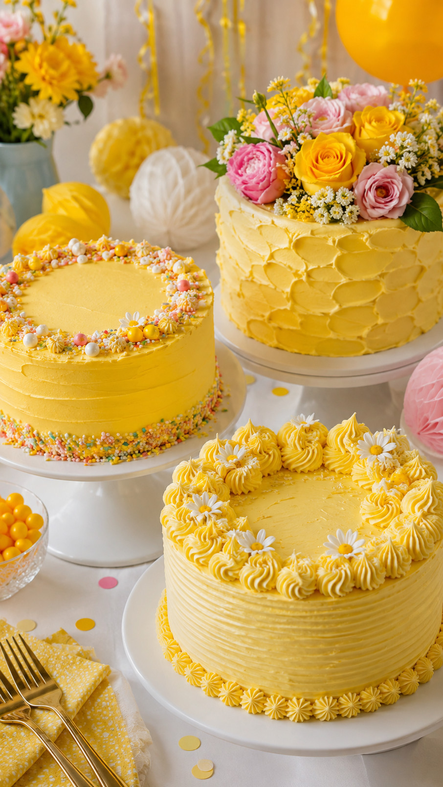 A yellow daffodil ribbon cake decorated with fondant ribbons, delicate sugar flowers, and soft buttercream layers.