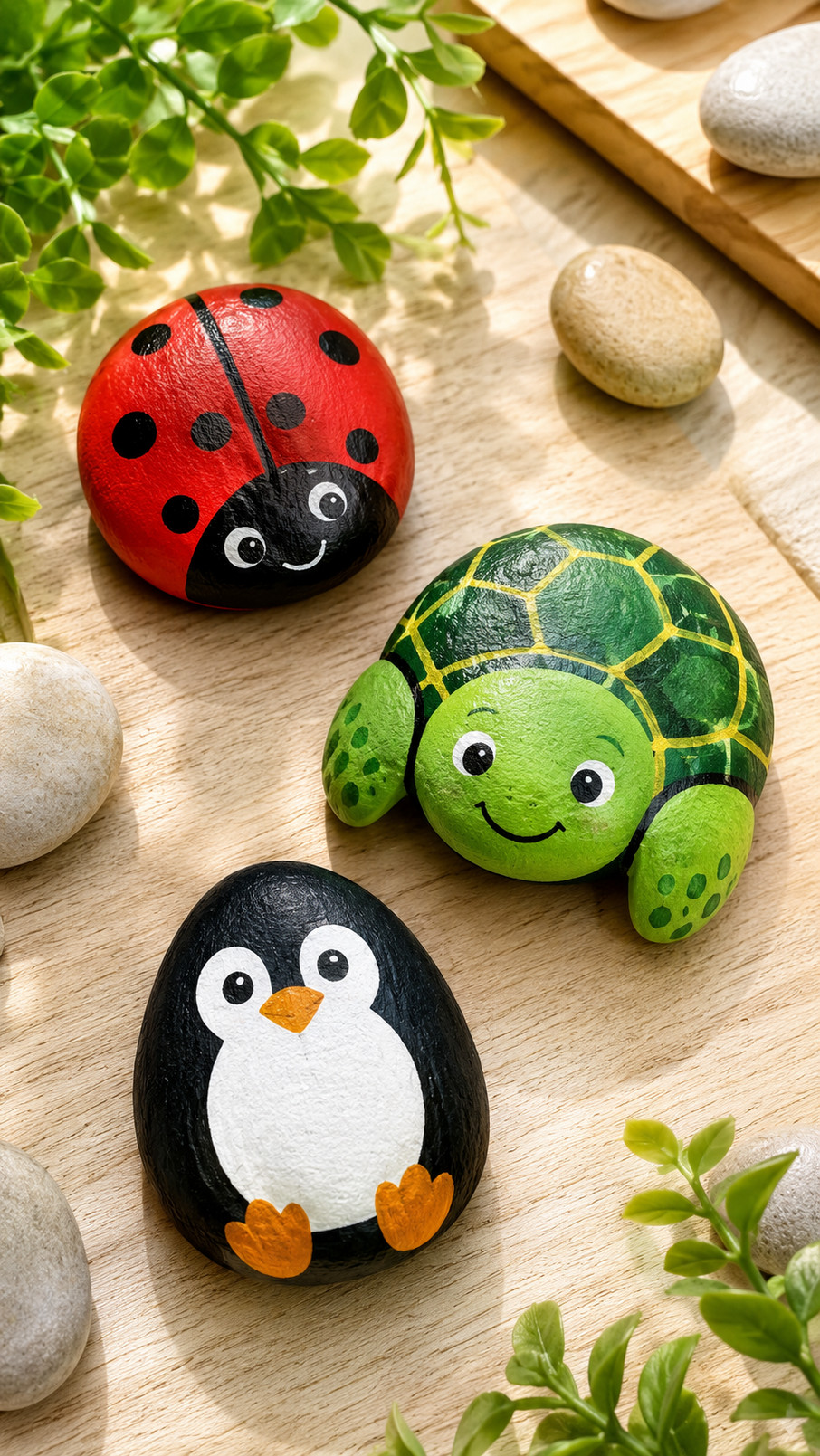 Dappled deer painted rock with brown fur, creamy spots, tiny black eyes, and a woodland-inspired design.