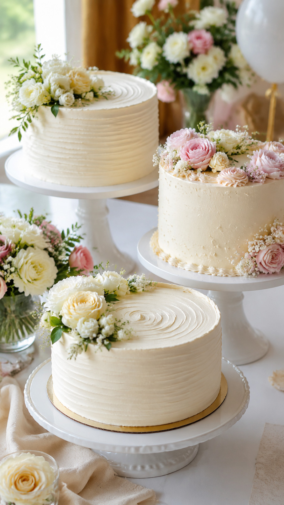 White fondant cake with delicate edible pearl beading decorating each tier for a romantic wedding celebration.