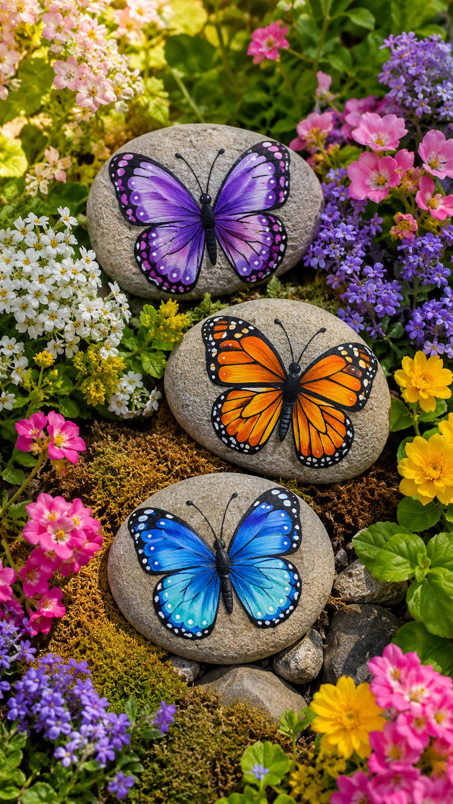 A painted dewdrop butterfly rock with turquoise, lavender, and pink wings displayed among colorful garden flowers.