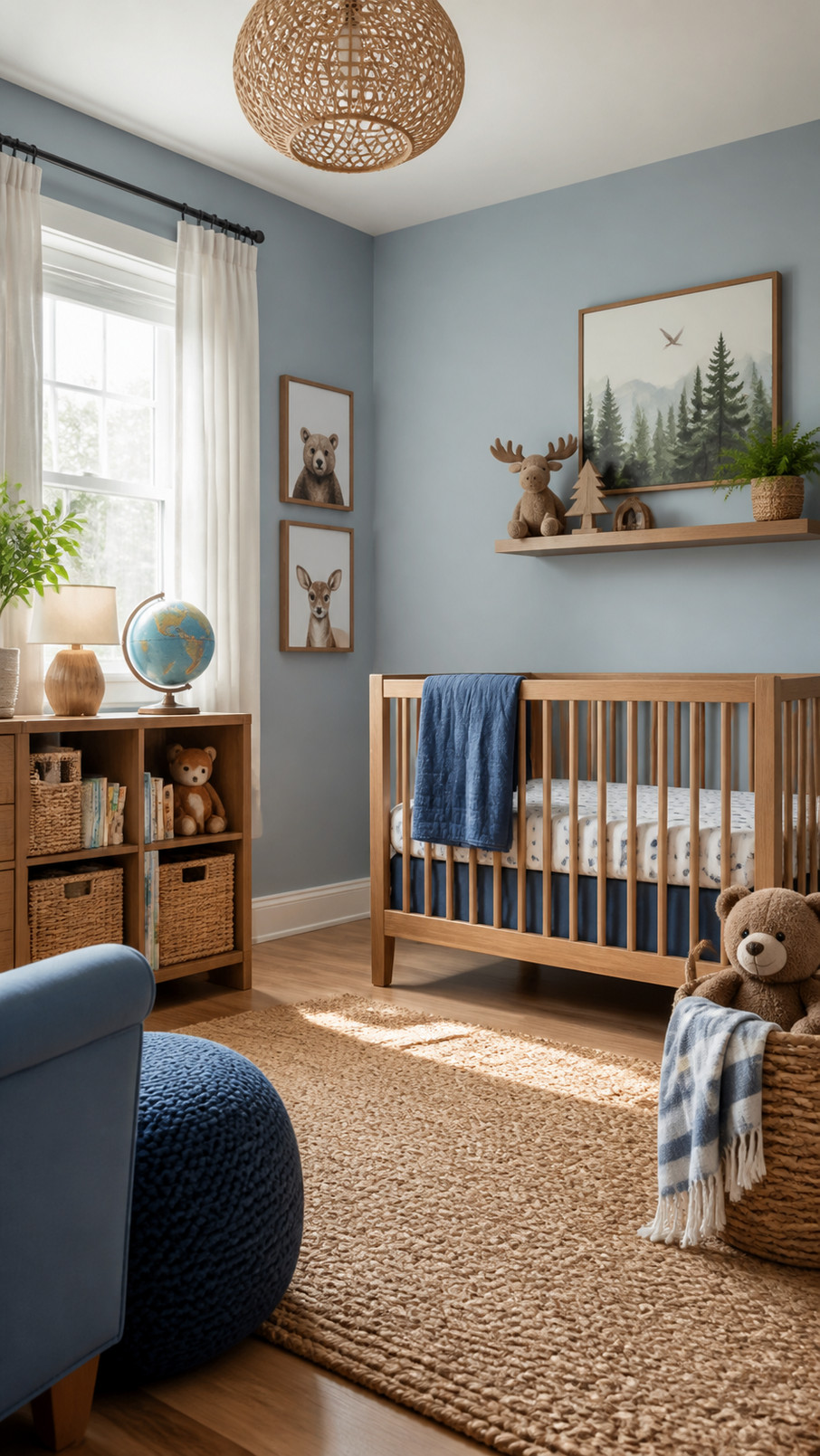 A boys' dinosaur nursery featuring friendly dinosaur artwork, leafy greenery, earthy green and beige decor, soft textures, and playful fossil details.
