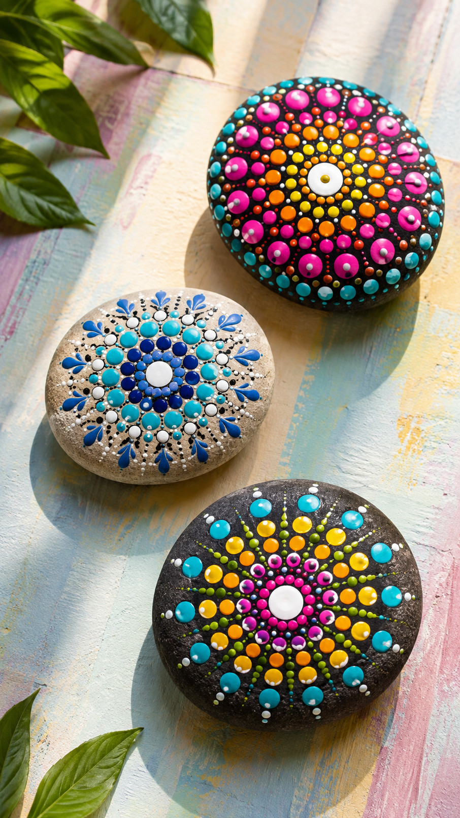 A painted rock featuring a dotted desert sunset with colorful mesas, glowing sky, and warm terracotta, coral, and golden dots.