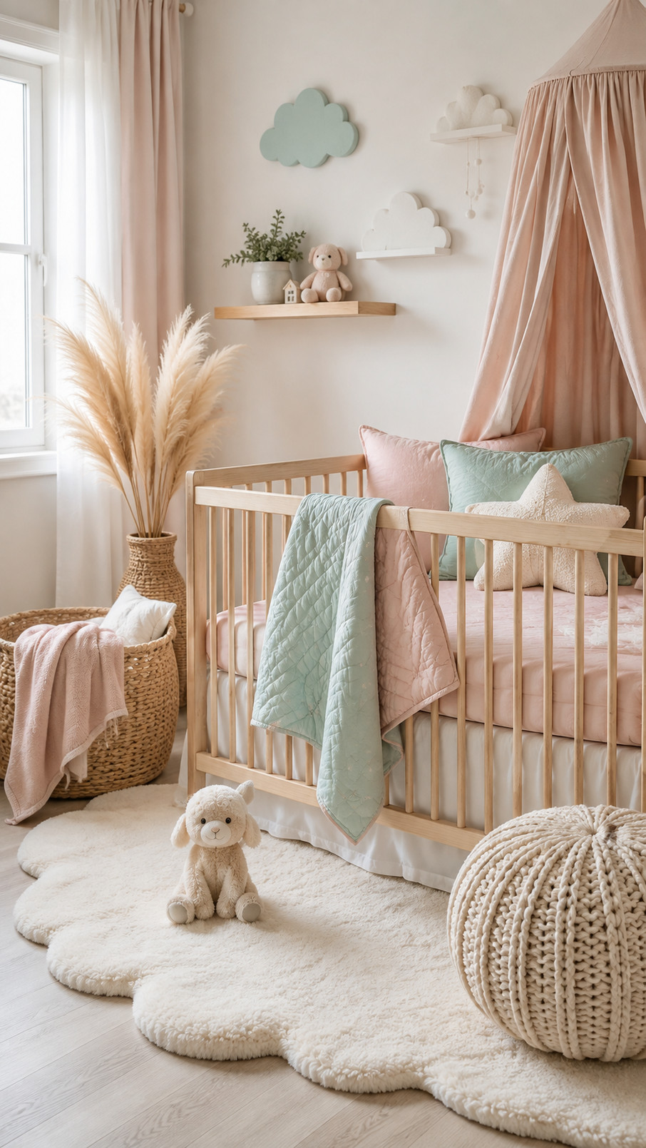 A photo of soft blue and cream cloud wall art displayed above a crib in a pastel nursery.