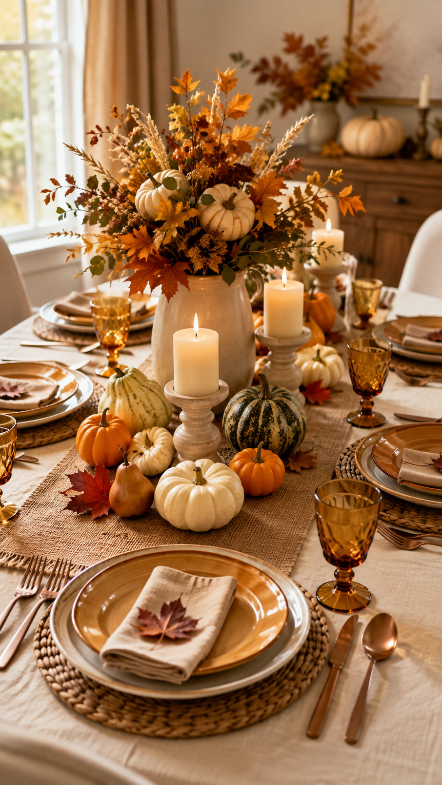 Autumn harvest tablescape featuring dried golden corn husk accents beside earthy ceramics, warm wood tones, and seasonal produce.