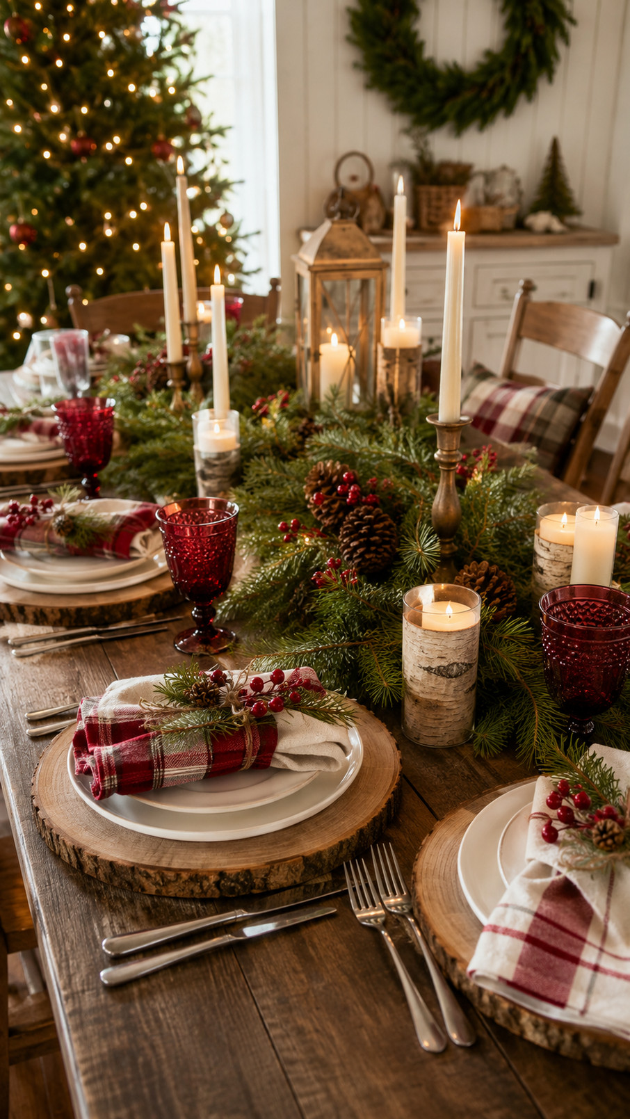 A dried orange garland with evergreen sprigs and twine decorates a rustic Christmas dining table.