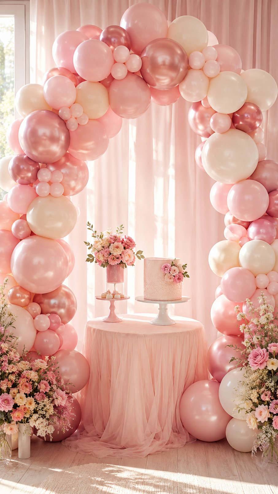 A dusty rose balloon arch made of muted pink balloons creates an elegant backdrop for a romantic celebration.